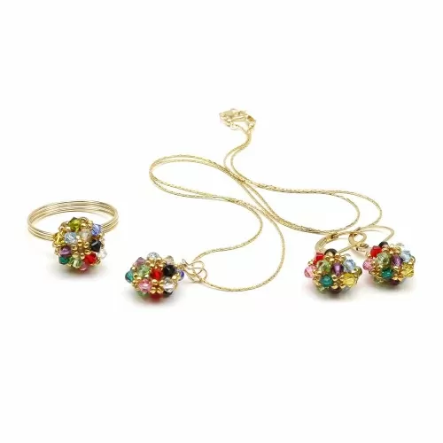 Set pandantiv, cercei cu tortite leverback si inel, Ichiban - Daisies Multicolor