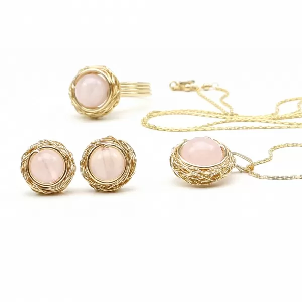 Set pandantiv, inel si cercei cu surub, Ichiban - Sweet Quart Rose