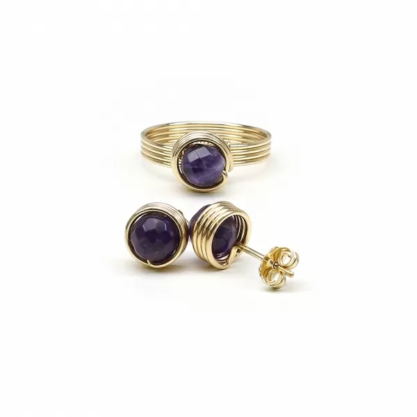 Set inel si cercei cu surub, Ichiban -  Busted Gemstone Amethyst 