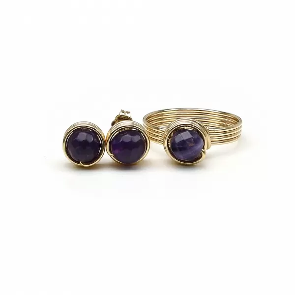 Set inel si cercei cu surub, Ichiban -  Busted Gemstone Amethyst 