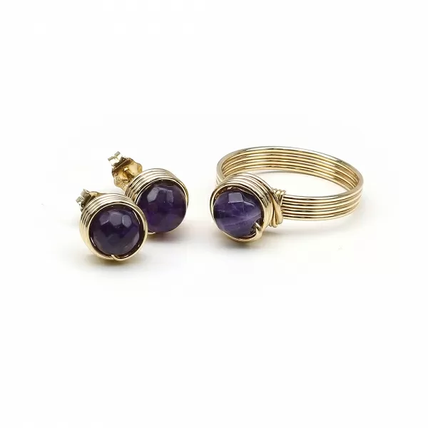 Set inel si cercei cu surub, Ichiban -  Busted Gemstone Amethyst 