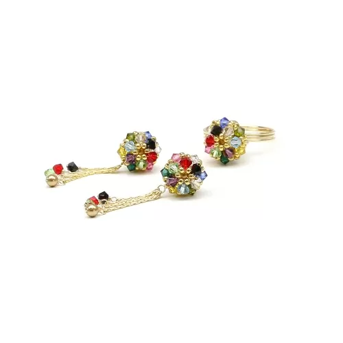 Ring and stud earrings with hanging chains set by Ichiban - Daisies Multicolor
