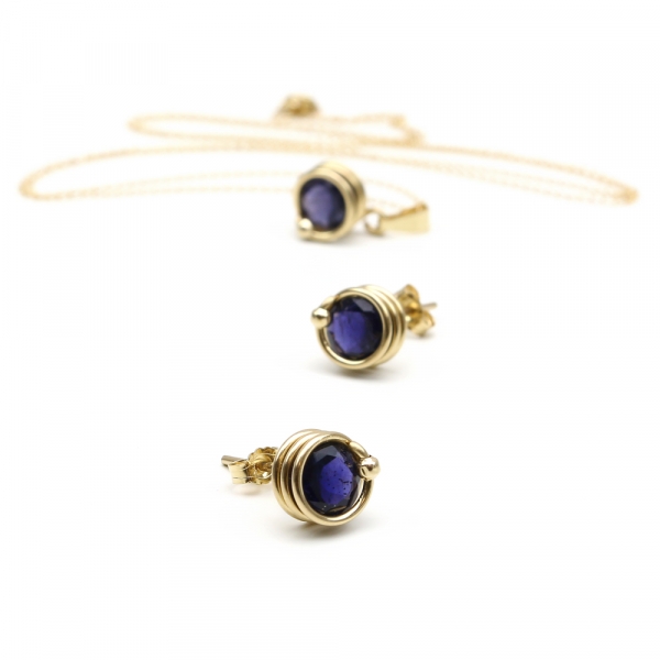 Set pendant and stud earrings by Ichiban - Busted gemstone Deluxe Iolite 14k Yellow Gold