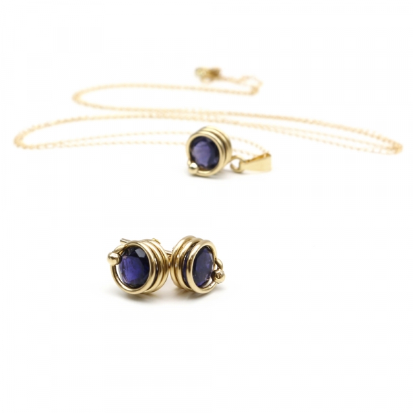 Set pendant and stud earrings by Ichiban - Busted gemstone Deluxe Iolite 14k Yellow Gold