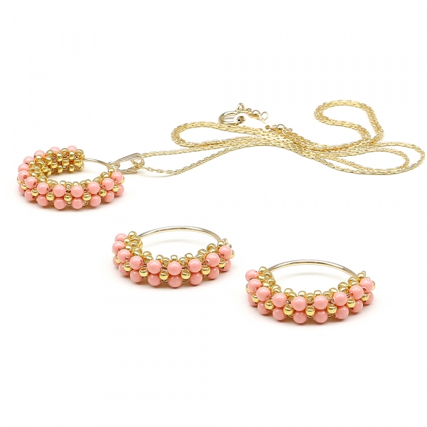 Set pandantiv si cercei, Ichiban - Primetime Pearls Pink Coral