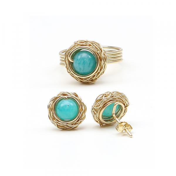 14K Yellow gold set stud earrings and ring by Ichiban - Sweet Amazonite