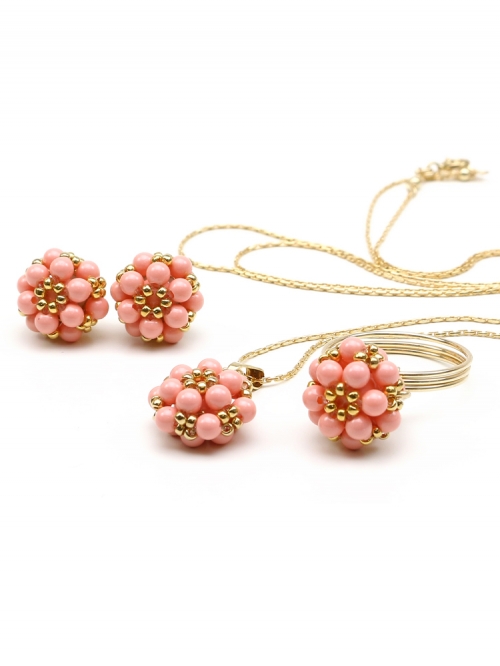 Daisies Pink Coral set - pendant, ring and stud earrings