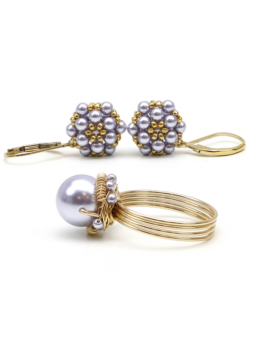Daisies Lavander set - ring and leverback earrings