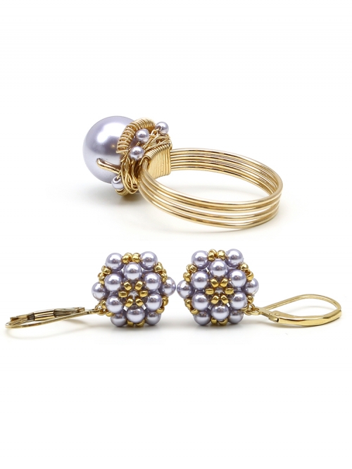 Daisies Lavander set - ring and leverback earrings