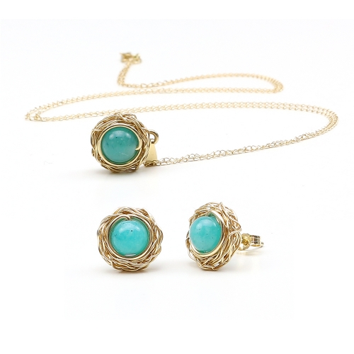 14K Yellow gold set pendant and stud earrings by Ichiban - Sweet Amazonite
