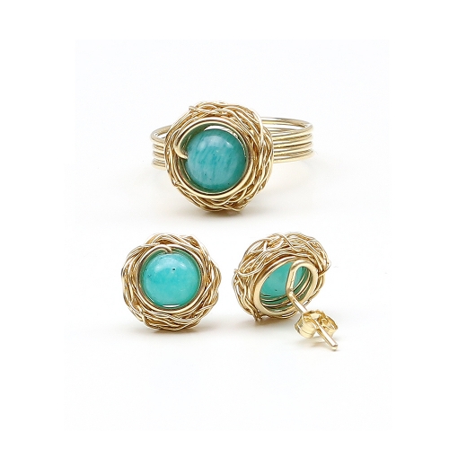 14K Yellow gold set stud earrings and ring by Ichiban - Sweet Amazonite