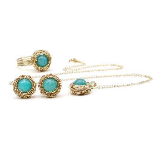 14K Yellow gold set pendant, stud earrings and ring by Ichiban  - Sweet Amazonite