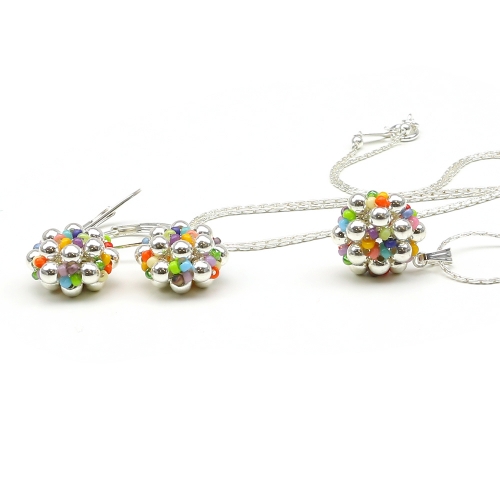 Set pendant and leverback earrings by Ichiban - Silver Daisies Miyuki Multicolor AG925