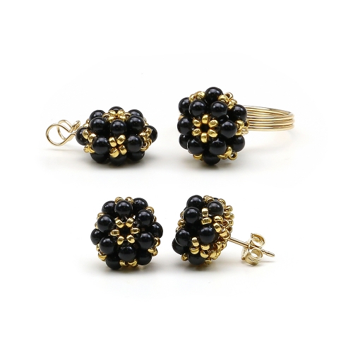Set pendant without chain, stud earrings and ring by Ichiban - Daisies Mystic Black